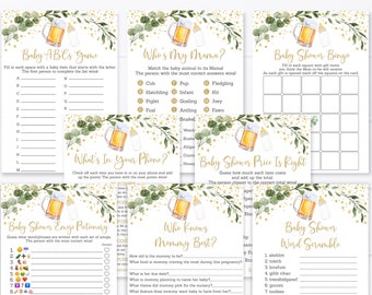 May include: A set of ten printable baby shower game cards featuring a green and gold colour scheme with a beer bottle graphic. The games include Baby ABCs, Who's My Mama, Baby Shower Bingo, What's In Your Phone, Baby Shower Emoji Pictionary, Who Knows Mommy Best, and Baby Shower Word Scramble.