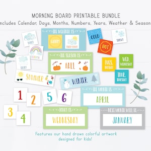 Ochtendbord afdrukbare bundel, cirkeltijdactiviteit, weer, kalender, seizoenen, maanden, dagen van de week, Kids Preschool Homeschool K100