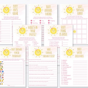 Sunshine Baby Shower Games Package Little Ray of Sunshine Pink Gold Girl Baby Shower Little Sunshine 8 Printable Games Instant Download A536