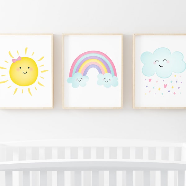 Set of 3 Rainbow Prints Pastel Rainbow Nursery Art Rainbow Wall Art Cute Cloud Sunshine Weather Girls Wall Art Kids Printable Digital A549