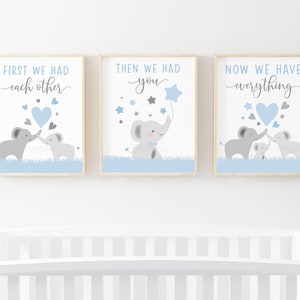 Set of 3 Prints Elephant Nursery Art Elephant Wall Art Blue & Gray Boy Nursery Art Nursery Quote First We Had Each Other Printable Digital
