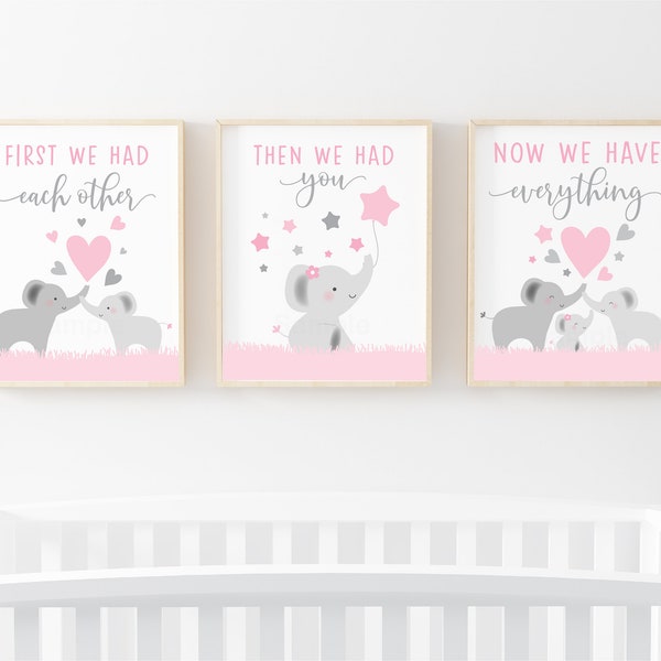 Cute Pink Elephant Wall Art, Elephant Nursery, Girl Elephant Wall Art, Nursery Quote, First We Had Each Other, Pink & Grey Digital Printable