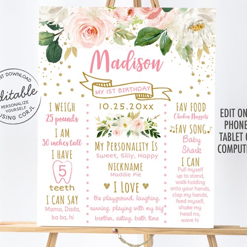 Boys 1st Birthday Sign Instant Download Winnie Pooh First Birthday Milestone Poster Blue Yellow Floral Memory Board Editable Template