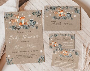 Editable Winter Woodland Baby Shower Invitation Bundle Gender Neutral Snowy Woodland Diaper Raffle Book Card Suite Digital Download A578