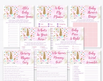 Unicorn Baby Shower Games Package, Pink & Gold Unicorn, Floral, Girl Baby Shower Set of 8 Printable Games, Digital, Instant Download A450