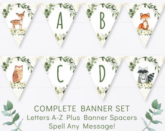 Woodland Baby Shower Banner Greenery Woodland Forest Animals Gender Neutral Letters A-Z Banner Kit Printable Digital Instant Download A524