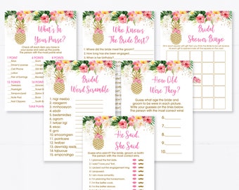 Pineapple Bridal Shower Games Package Pink Tropical Floral Gold Pineapple 6 Printable Games Digital Instant Download B139