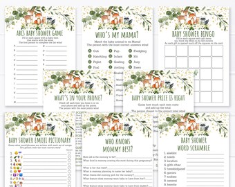Paquete de juegos Woodland Baby Shower Greenery Woodland Forest Animals Género Neutral 8 JUEGOS IMPRIMIBLES Descarga instantánea digital A524