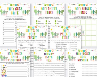 May include: A set of ten printable baby shower game cards featuring a cactus theme. The games include Baby ABCs, Baby Animal Match, What's in Your Purse, Baby Price is Right, Baby Shower Bingo, Baby Shower Emoji Pictionary, Nursery Rhyme Quiz, and Baby Shower Word Scramble.