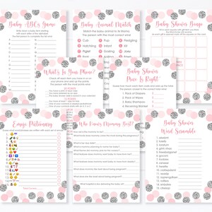 May include: A collection of pink and silver baby shower game printables. Games include Baby ABCs, Animal Match, Bingo, Price is Right, Emoji Pictionary, and Word Scramble. The games are decorated with pink and silver polka dots.