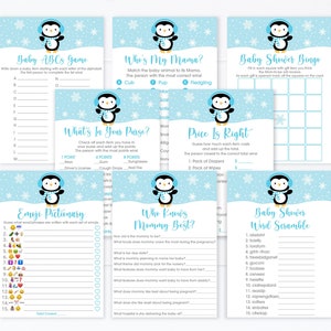 Penguin Baby Shower Games Package Blue Snowflake Winter Boy Baby Shower Set of 8 Games Printable Digital Instant Download