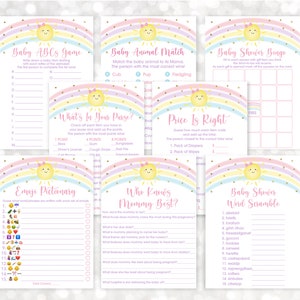 Ensemble de jeux pour baby shower soleil arc-en-ciel arc-en-ciel rose doré pastel pour baby shower, lot de 8 jeux en téléchargement numérique A599