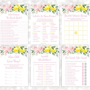 Pacote de jogos para chá de panela com limão, chá de panela principal, limonada, ouro rosa, floral, conjunto de 6 jogos, download digital A613