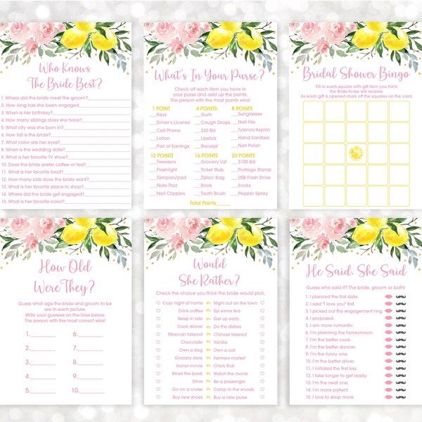 Lemon Bridal Shower Games Package Main Squeeze Bridal Shower Lemonade Pink Gold Floral Set of 6 Games Digital Download A613