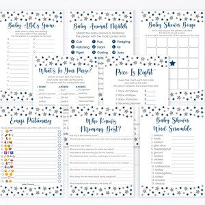May include: A set of ten printable baby shower game cards with a blue and silver star pattern. The games include Baby ABCs, Baby Animal Match, What's In Your Purse, Price Is Right, Emoji Pictionary, Who Knows Mommy Best, Baby Shower Bingo, and Baby Shower Word Scramble.