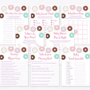Donut Baby Shower Games Package, Pink Donut, Donuts & Diapers, Donut Baby Sprinkle, Doughnut, 8 PRINTABLE Games, Instant Download A500