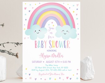 Editable Rainbow Baby Shower Invitation Pastel Rainbow Clouds Stars Hearts Girl Baby Shower Printable Digital Instant Download A549