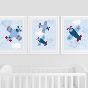 Airplane Nursery Wall Art Prints Boys Airplane Wall Art Blue Gray Red Airplane Cloud Stars Set of 3 Printable Digital Download A566