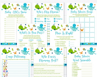 Blue Under The Sea Baby Shower Games Package Nautical Whale Sea Creature Boy Baby Shower Set of 8 Games Instant Download  A229