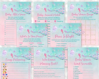 Mermaid Baby Shower Games Package Under The Sea Baby Shower Pink Purple Gold Baby Girl Shower Set of 8 Printable Games Digital A615