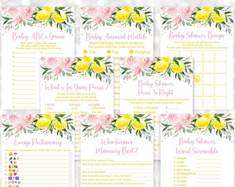 Lemonade Baby Shower Games Package Lemon Baby Shower Pink Lemonade Little Sweetie Pink Gold Floral 8 Printable Games Digital Download A613