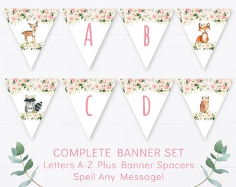 Girl Woodland Baby Shower Banner Blush Pink Floral Woodland Forest Animals Baby Girl Printable Letters A-Z Digital Instant Download A516