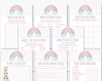 Rainbow Baby Shower Games Package, Pastel Rainbow, Pink, Clouds, Stars, Hearts, Baby Girl, Set of 8 Printable Games, Instant Download A549