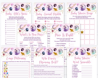 Pacchetto giochi Galaxy Baby Shower Galaxy oro rosa Spazio esterno Razzo spaziale Pianeti Ragazza Baby Shower Set di 8 giochi stampabili Digital A586