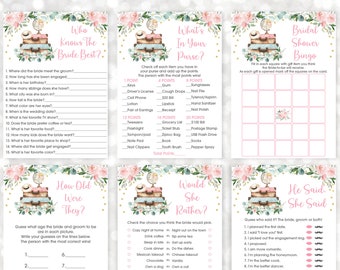 May include: A set of printable bridal shower games with a travel theme. The games include "Who Knows the Bride Best?", "What's in Your Purse?", "How Old Were They?", "Would She Rather?", and "He Said, She Said". The games feature a watercolor illustration of suitcases, a globe, and floral accents.