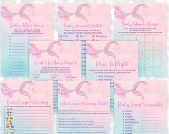 Meerjungfrau Baby Shower Spiele Paket Rosa Gold Meerjungfrau Schwanz unter dem Meer Baby Shower Set 8 druckbare Spiele Bundle Digitaler Download A627