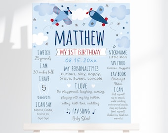 Editable Airplane Birthday Milestone Poster, Boy First Birthday, Second Birthday, Airplane Party, Clouds, Stars, Blue, Red Digital A566