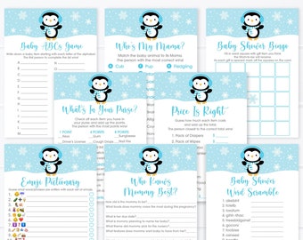 Puede incluir: Un conjunto de juegos de baby shower imprimibles con un diseño de pingüino. Los juegos incluyen Baby ABCs, Who's My Mama, What's In Your Purse, Price Is Right, Emoji Pictionary, Who Knows Mommy Best, Baby Shower Bingo, y Baby Shower Word Scramble.
