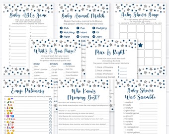 Twinkle Star Baby Shower Games Package Navy & Silver Boy Baby Shower Little Star Set of 8 Games Printable Instant Download A149