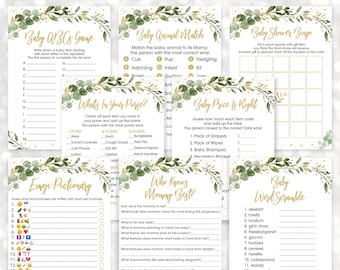 Greenery Baby Shower Games Package Gender Neutral Greenery & Gold Eucalyptus Floral Set of 8 Printable Games Digital Download A529