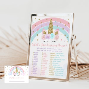 What's Your Unicorn Name Game Unicorn Birthday Rainbow Unicorn Pink Gold Pastel Floral Unicorn Party Printable Digital Download A582