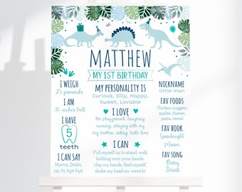 Editable Blue Dinosaur First Birthday Milestone Sign, Dinosaur Safari, Boy Dinosaur Party, T Rex, 1st Birthday Milestones Digital A573