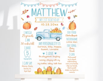 Poster modificabile per traguardo di compleanno con zucca, raccolto autunnale, primo compleanno, camion di zucca per bambini, zucca blu, autunno, stampabile, download immediato A548