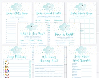 Cute Cloud Baby Shower Games Package Cloud Baby Sprinkle Blue Cloud Rainbow Raindrops Boy Baby Sprinkle 8 Printable Games Digital A592