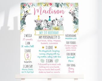 May include: A pink and green first birthday milestone poster with a jungle animal theme. The poster features a giraffe, elephant, and rhinoceros with party hats. The poster includes the name "Madison" and details about the child's first year, including weight, height, personality, favorite foods, and activities.