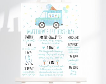 Editable Ice Cream Truck Birthday Milestone Sign Boy First Birthday Ice Cream Party Modern Watercolor Ice Cream Blue Digital Download A673