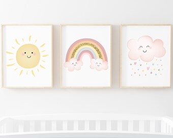 Conjunto de 3 impresiones de arcoíris bohemias, arte infantil de arcoíris pastel neutro, nube de arcoíris dorada, clima soleado, género neutro, imprimible digital