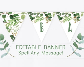 Editable Rustic Green Floral Baby Shower Banner Greenery Baby Shower Watercolor Leaves Gender Neutral Digital Instant Download A178