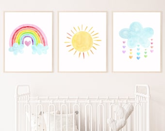 Conjunto de 3 impresiones de arcoíris, arte infantil de arcoíris, arte de pared de arcoíris pastel, acuarela, nubes, sol, corazones, arte de pared para niñas, imprimible para niños A661