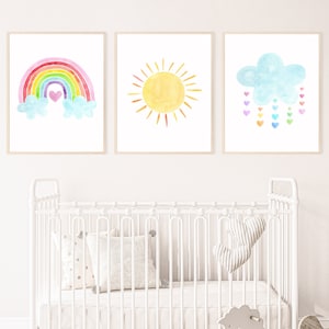 Set of 3 Rainbow Prints Rainbow Nursery Art Pastel Rainbow Wall Art Watercolor Cloud Sunshine Hearts Girls Wall Art Kids Printable A661