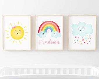 Editable Set of 3 Rainbow Prints Pink Rainbow Nursery Art Rainbow Wall Art Cloud Sunshine Weather Girls Name Print Printable Digital A530