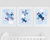 Airplane Nursery Wall Art Prints Boys Airplane Wall Art Blue Gray Red Airplane Cloud Stars Set of 3 Printable Digital Download A566 Il_170x135