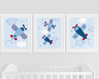 Airplane Nursery Wall Art Prints Boys Airplane Wall Art Blue Gray Red Airplane Cloud Stars Set of 3 Printable Digital Download A566