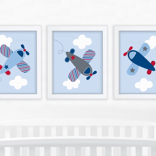 Airplane Nursery Wall Art Boys Airplane Wall Art Blue Gray Etsy