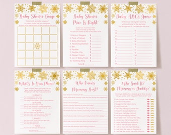 Editable Snowflake Baby Shower Games Package Pink Gold Snowflake Winter Baby Shower Girl Baby Shower 6 Printable Games Instant Download A579