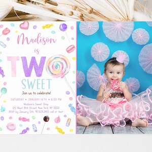 Editable TWO Sweet Birthday Invitation Two Sweet Birthday Invite Sweet Shop Candy Shop Lollipop Candy Party Sweets Digital Download A659